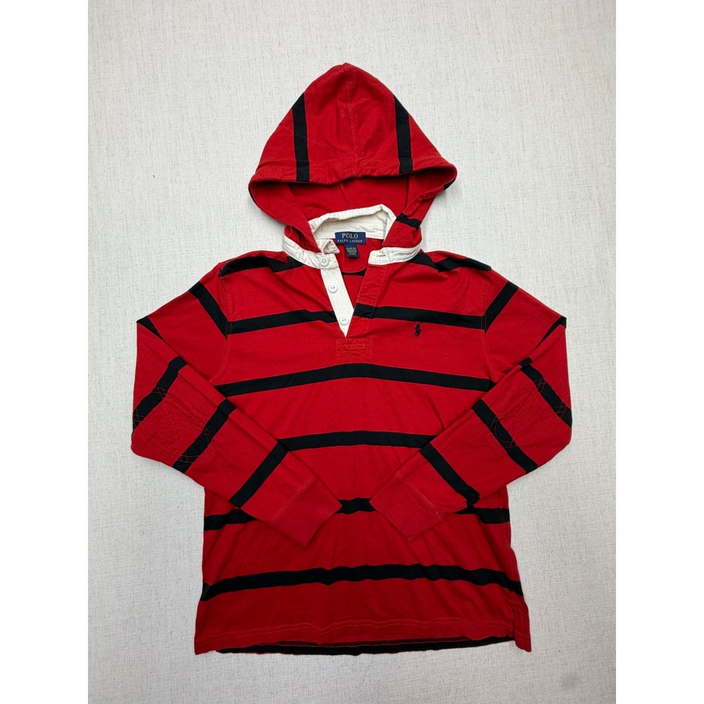 Polo Ralph Lauren Kids XL 18-20 Red Black Striped Hooded Rugby Shirt Cotton